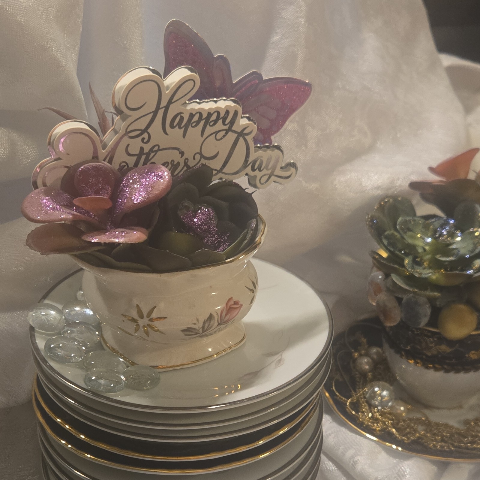 Artificial Succulent Arrangement in Small Pot w/ Mother’s Day Pick