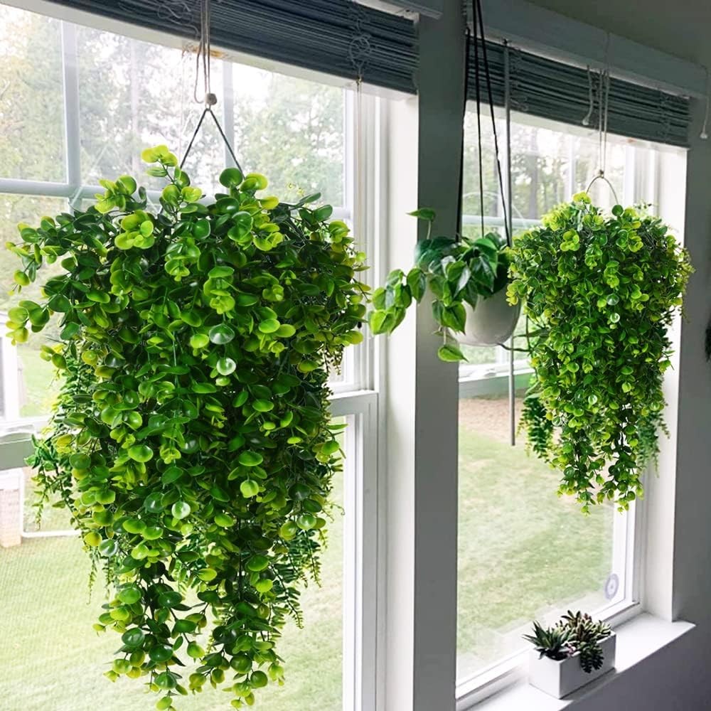 6pcs Artificial Hanging Plants Fake Hanging Plant Faux Eucalyptus Leaf Greene…
