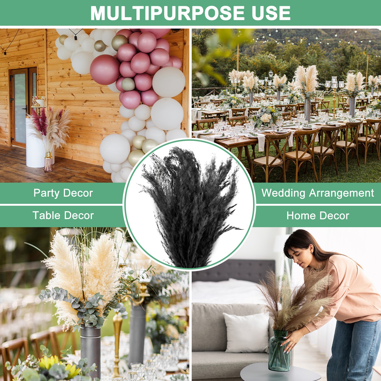 10-Pack Faux Pampas Grass 18 Inch for Home Decor/Wedding [Black]