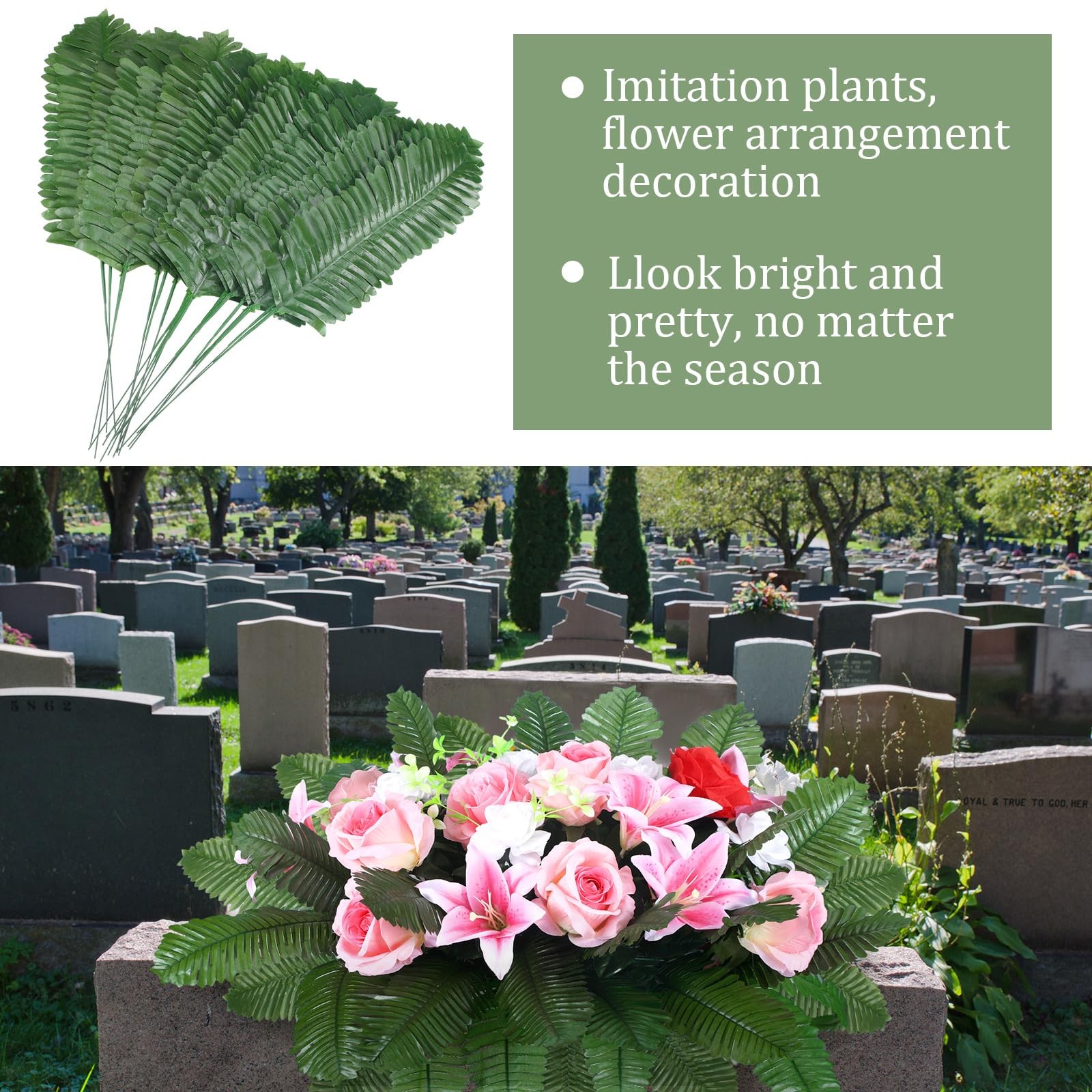 100 Pack Artificial Palm Leaves Cemetery Flowers Faux Fronds Grave Decorations