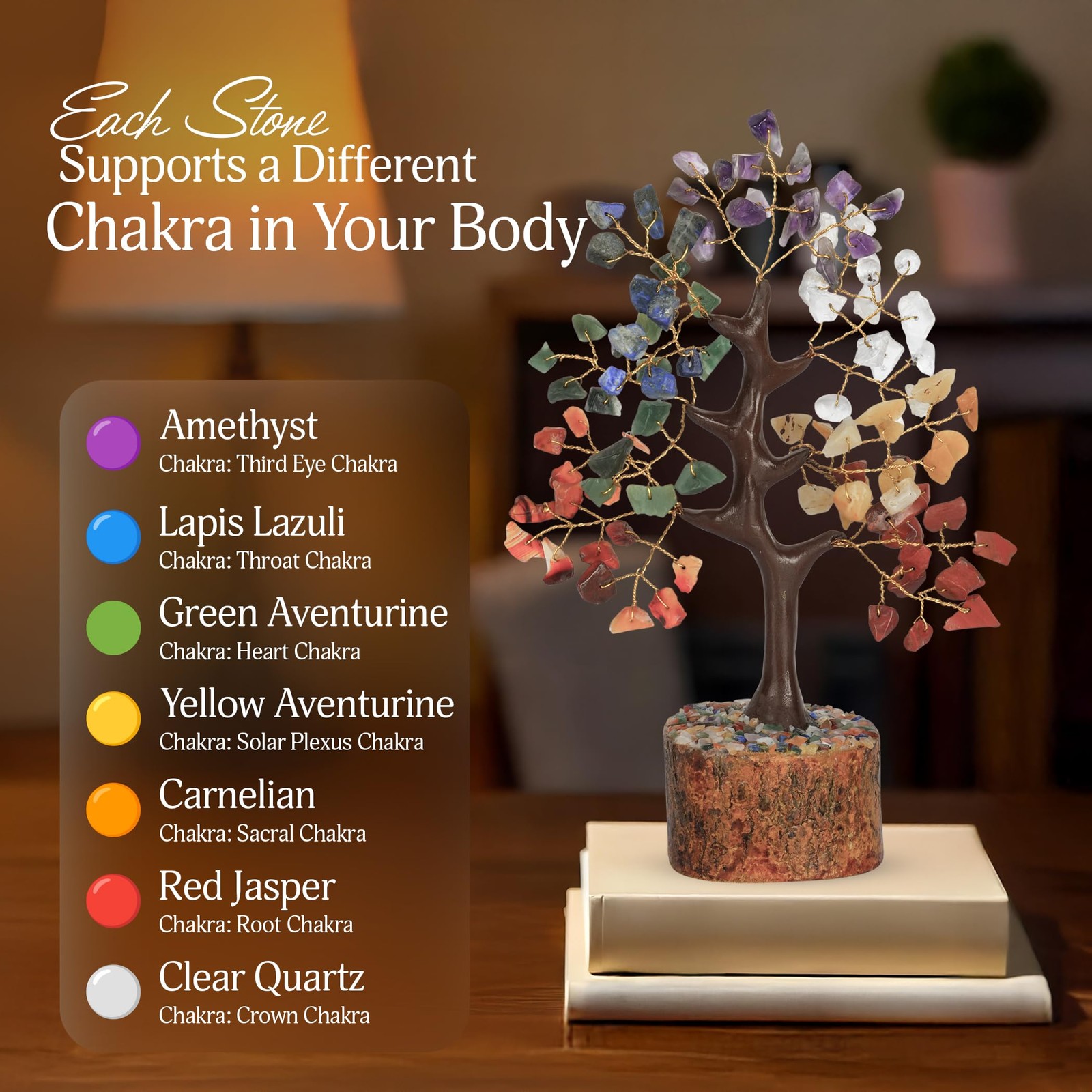 YATSKIA 7 Chakra Tree of Life Crystal Tree, 7 inches, Golden,red,yellow