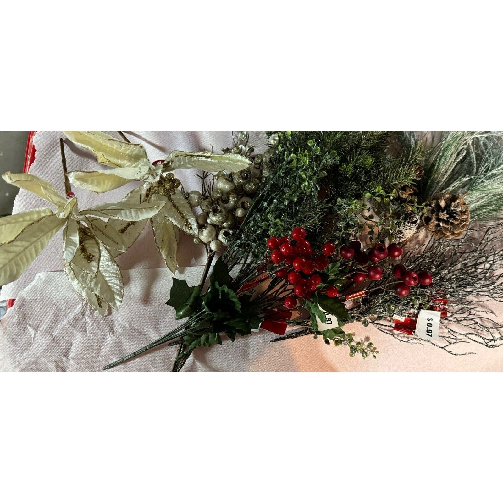 Christmas Holiday Faux Flowers Variety Berries Pinecones Some NWT Arrangement