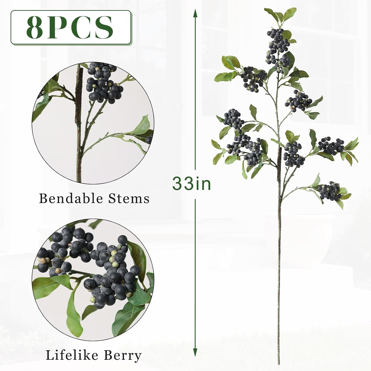 8Pcs 33″Artificial Blueberry Stems, Faux Blueberries Fruit Branch(Blue) | DIY Bo