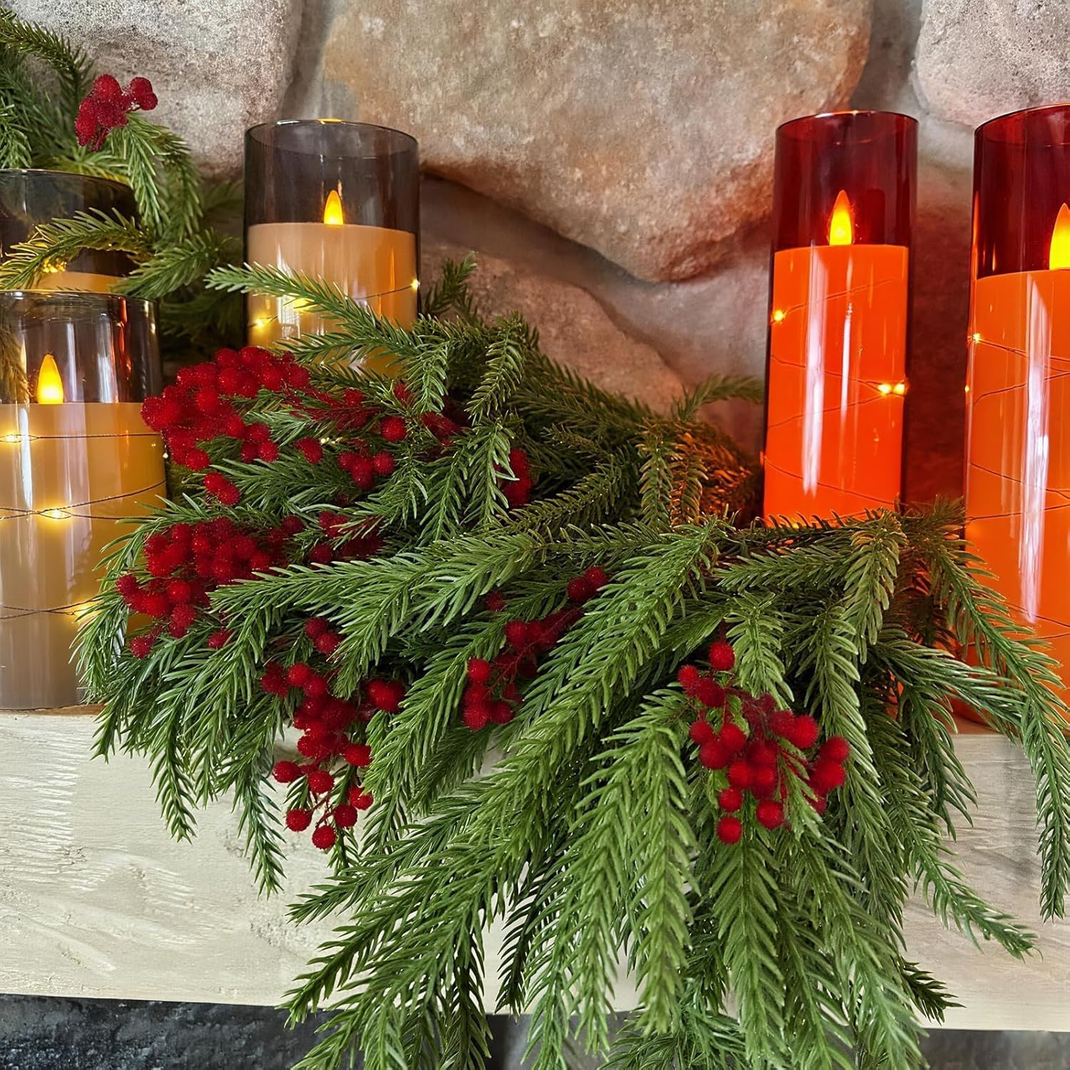 12pcs Christmas Norfolk Pine Branch with Berry Set, 18 Inches Artificial Norfolk