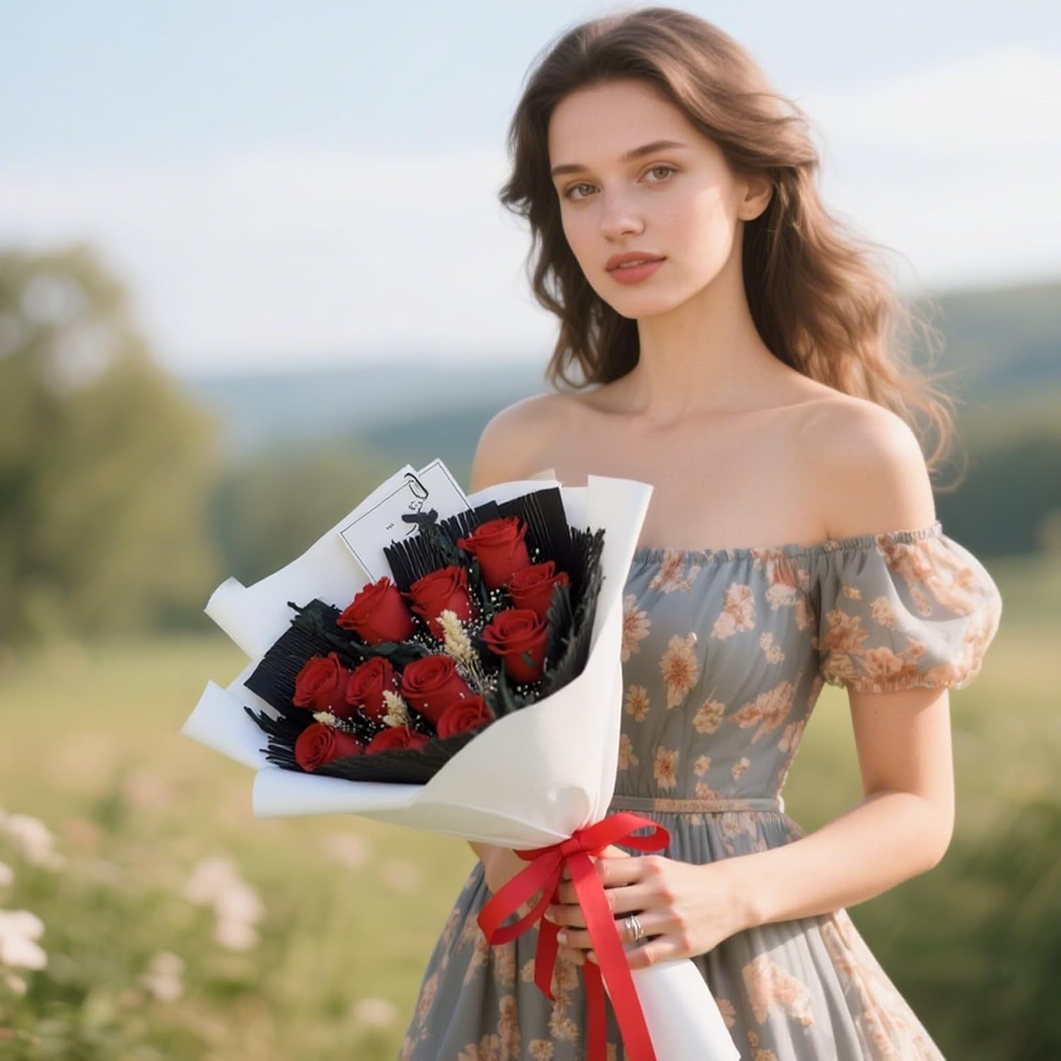 Long Lasting Preserved Roses 12 Red Flowers with Eucalyptus and Gypsophila