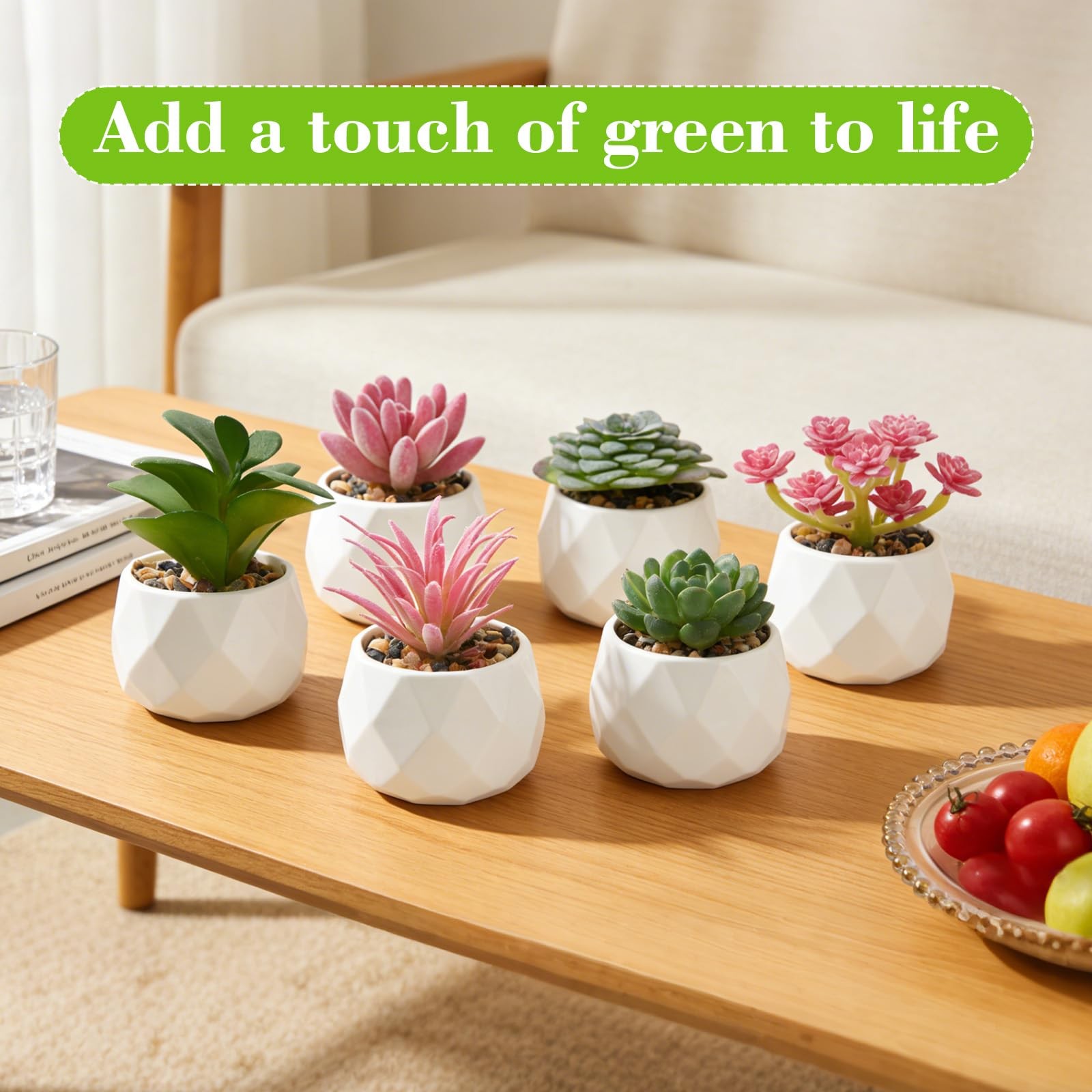 6 PCS Artificial Succulents Faux Desk Plants White Plastic Pots Room Decor