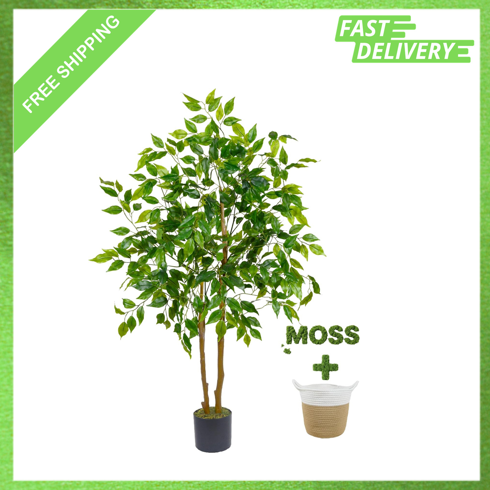 Artificial Ficus Tree, 4ft Tall Faux Ficus Plant with Basket for Indoor Outdoor