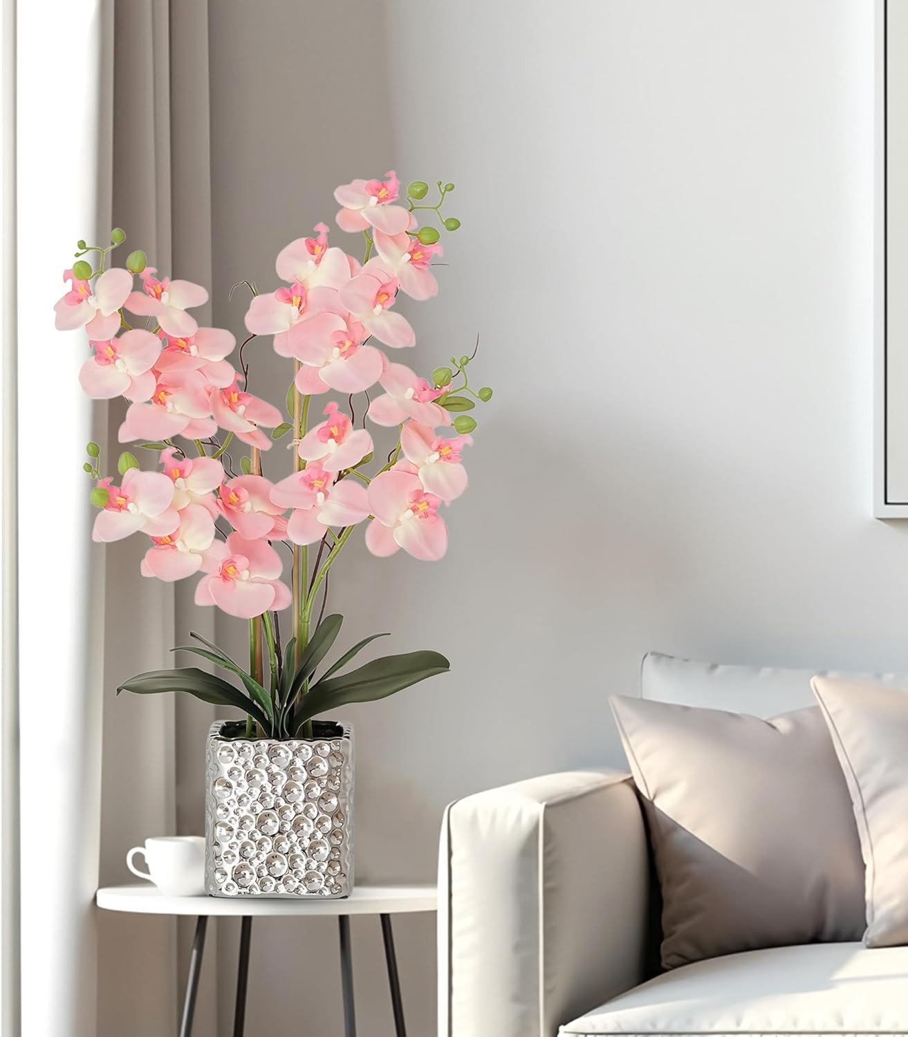 Pink Orchid Silk Flowers in Silver Vase – Elegant Dining Table Centerpiece
