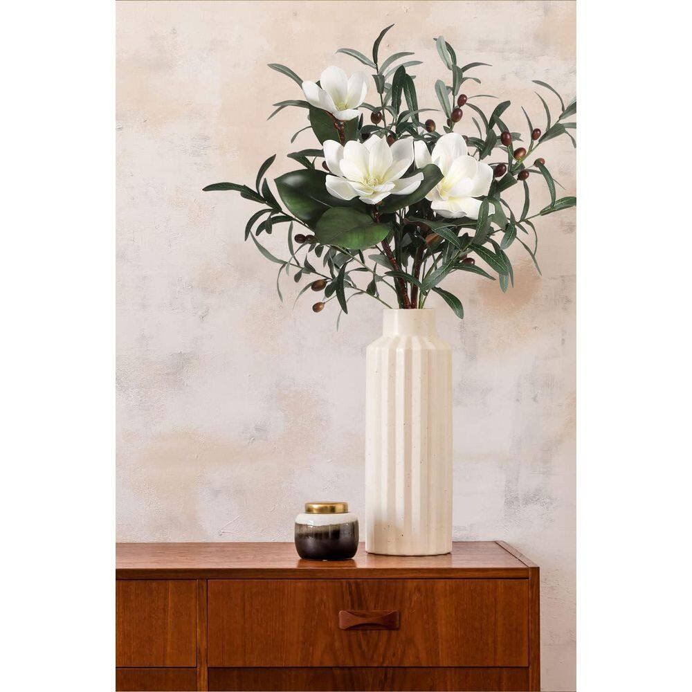 White Artificial Magnolia Flower 1Pcs and Olive Branches 4Pcs Real Touch Combo f