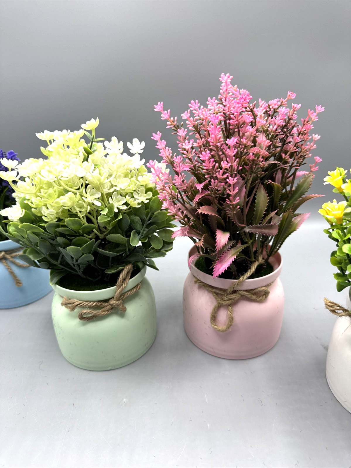 4 Pack Fake Flowers Small Artificial Faux Plants in Plastic Macaron Pots