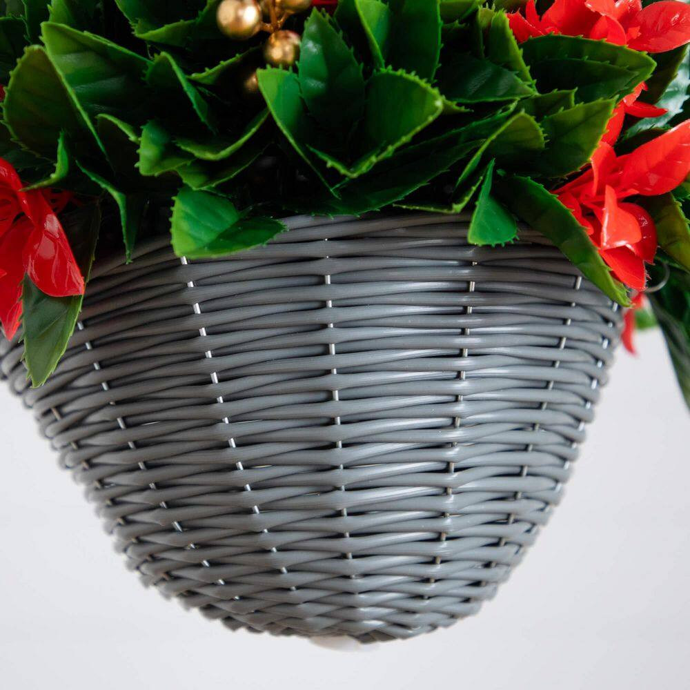 24 In. Pre-Lit UV Resistant Faux Red Tip Photinia & Gold Berries Christmas Hangi