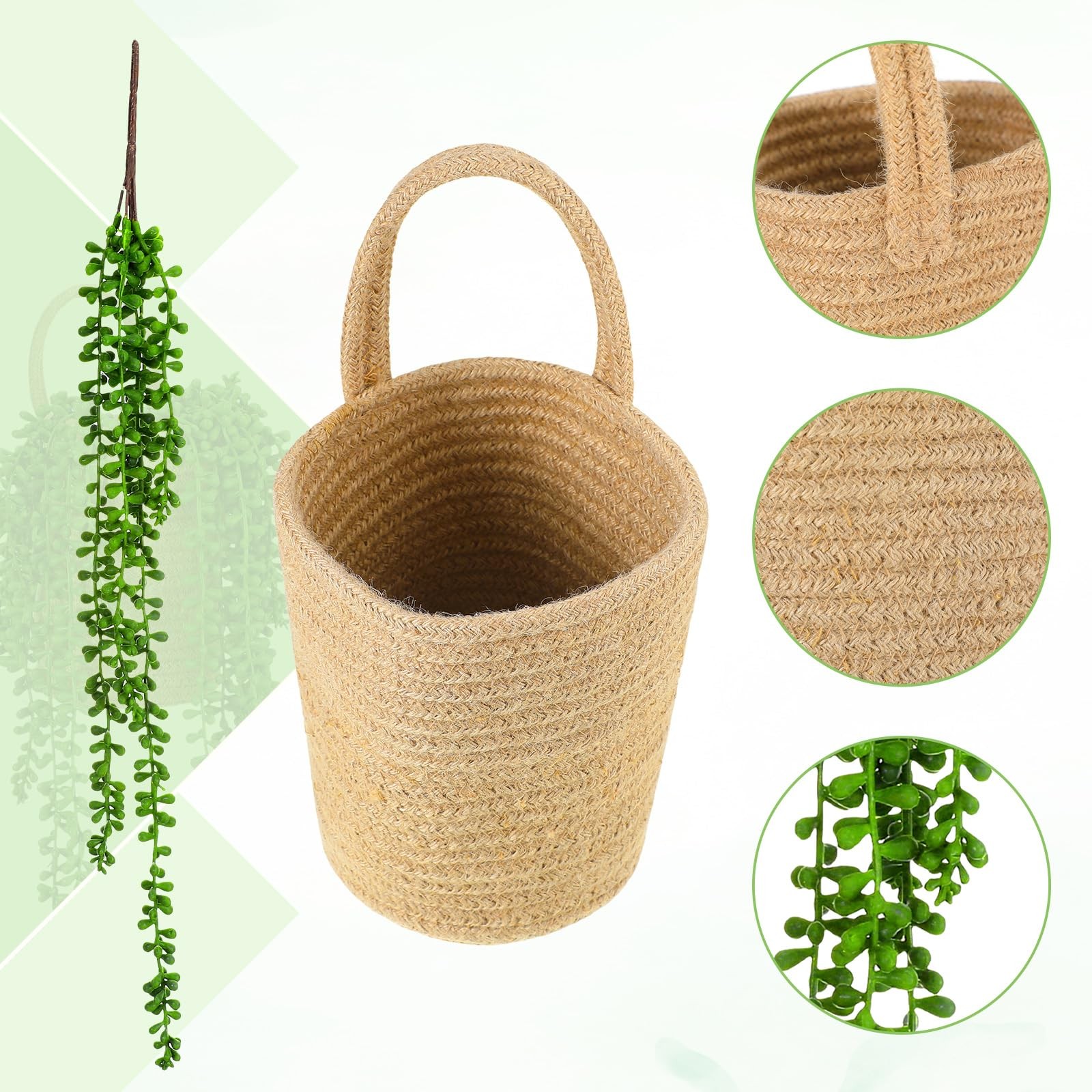 2 Pack Wall Hanging Rope Baskets with 4 Pcs Faux Strings of Pearls Plant Jute…
