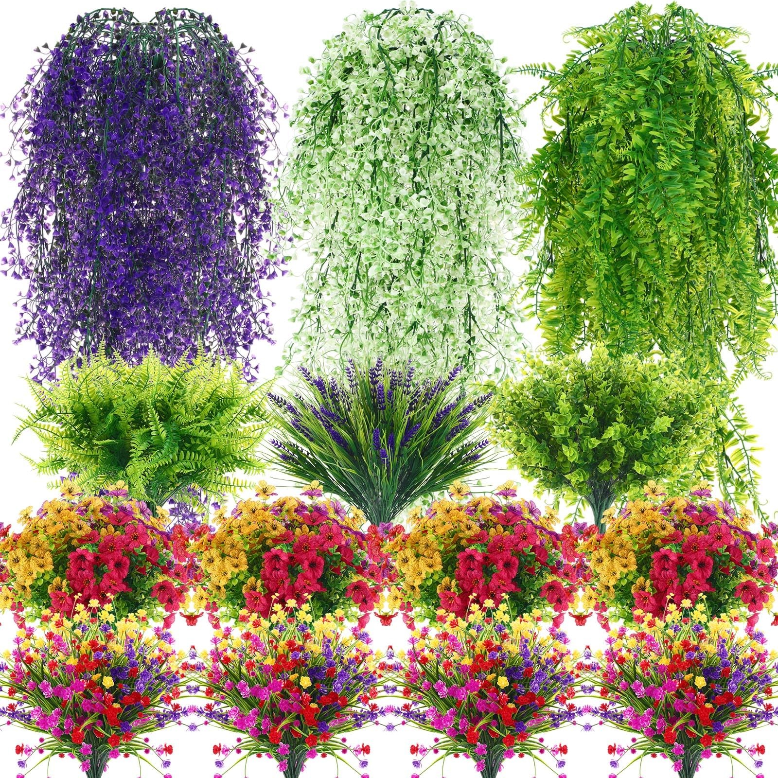 58 Pcs Artificial Fake Hanging Flowers Set for Outdoor Artificial Plants UV R…