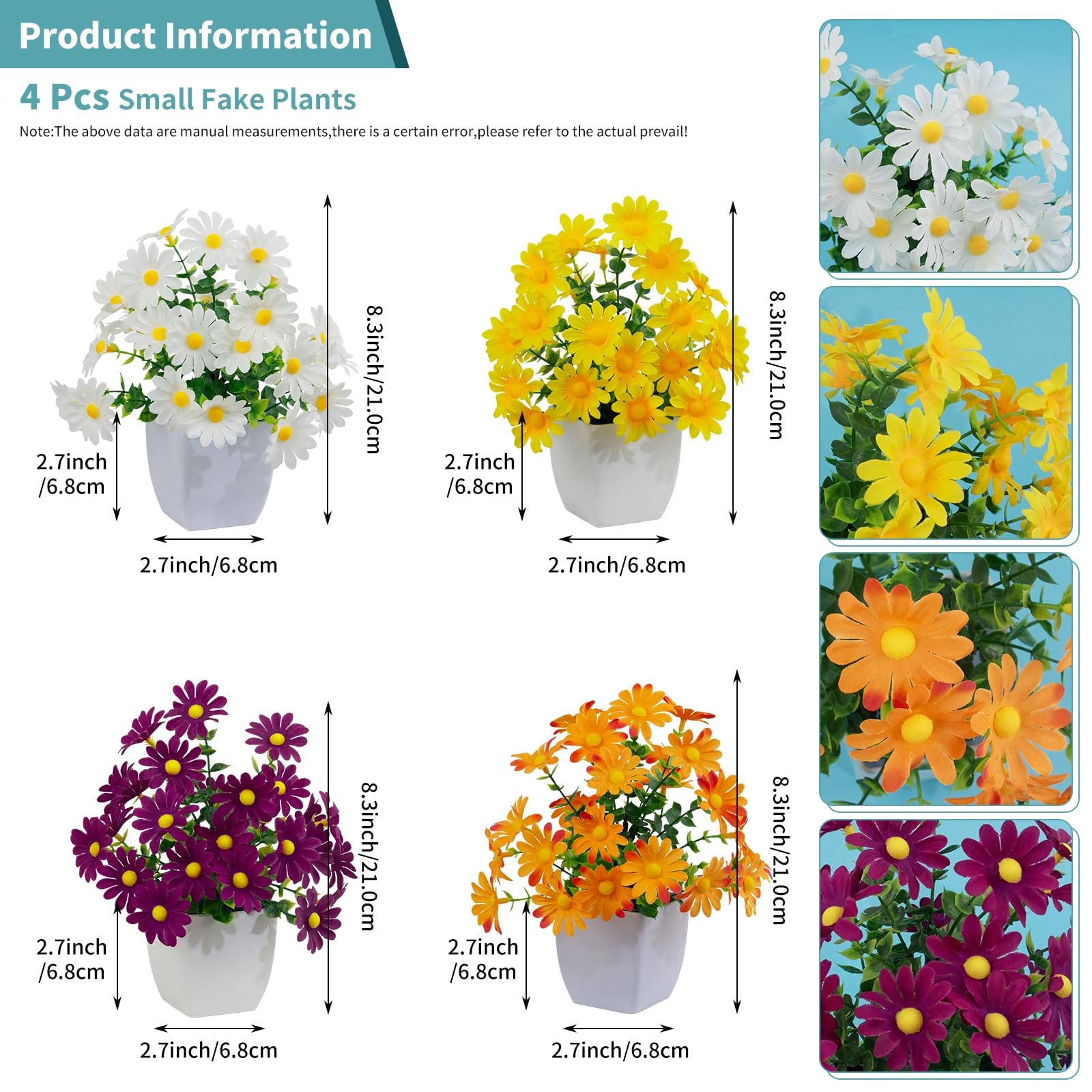 4 Pack Small Artificial Mums Flowers White Pots Fake Mini Potted Plants Decor