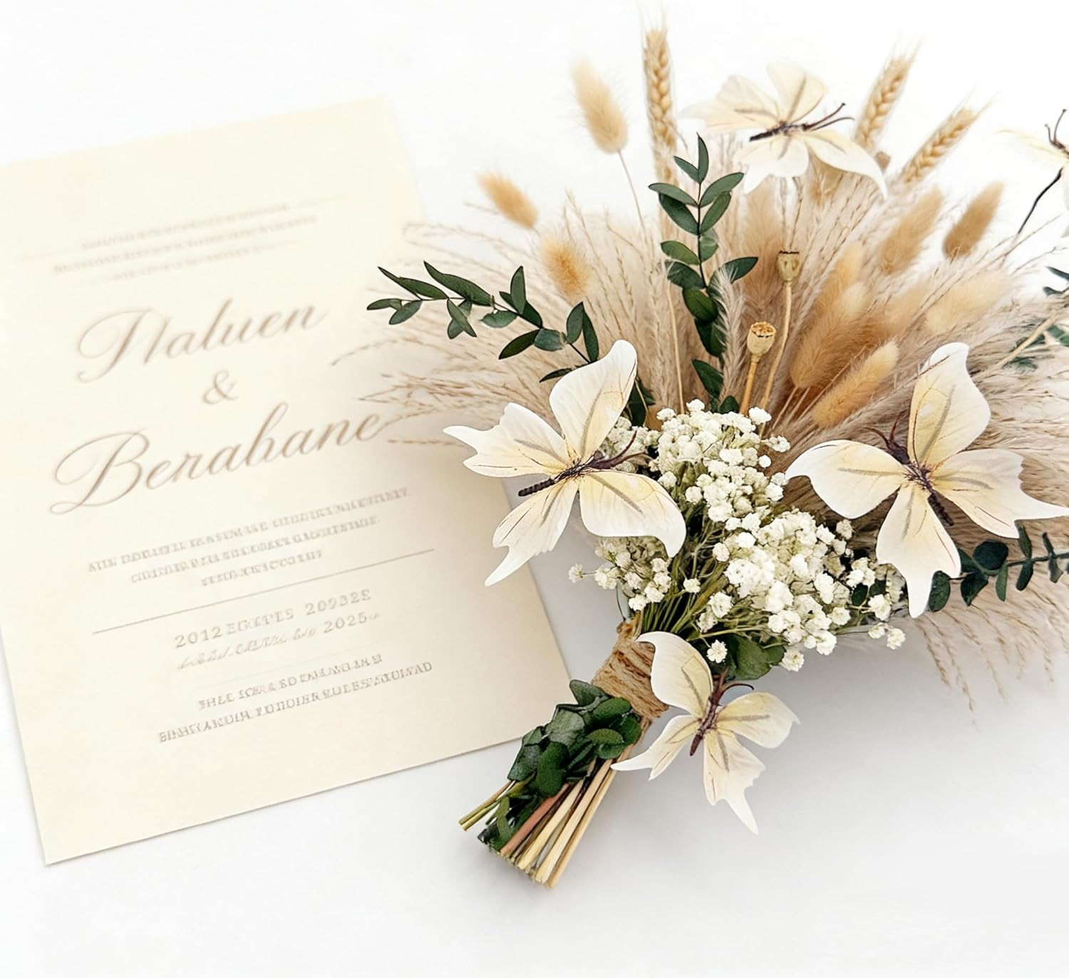 Pampas Grass Dried Flower Bouquet for Boho Home Decor | Eucalyptus, Butterflies