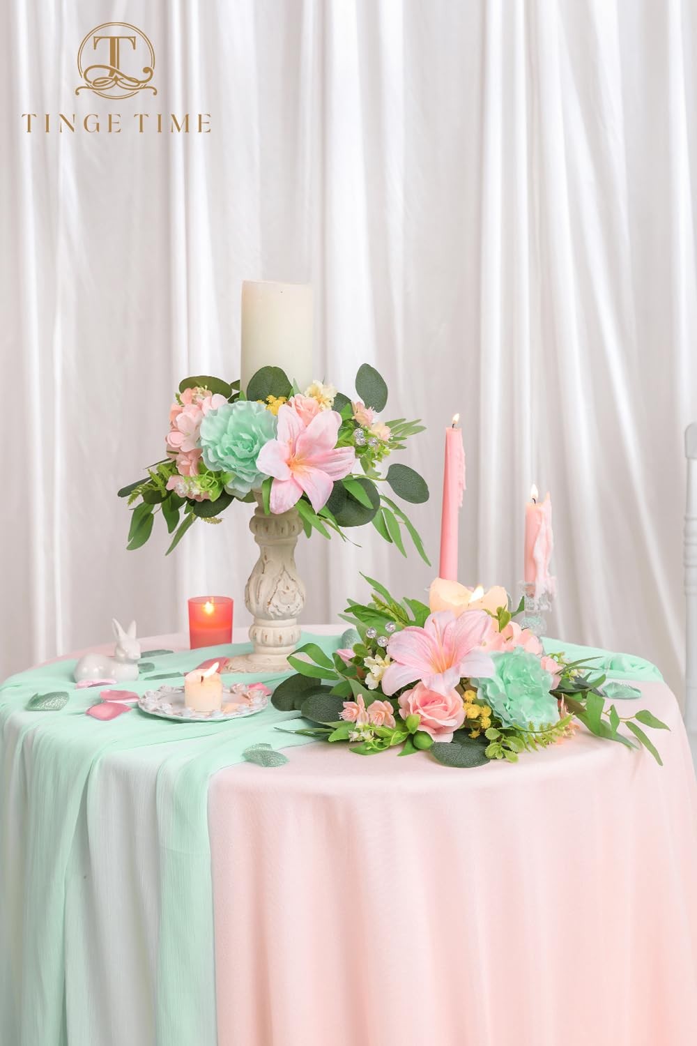 2pcs Artificial Flowers Candelabras Decoration, Mint Green & Pink Floral Swag…