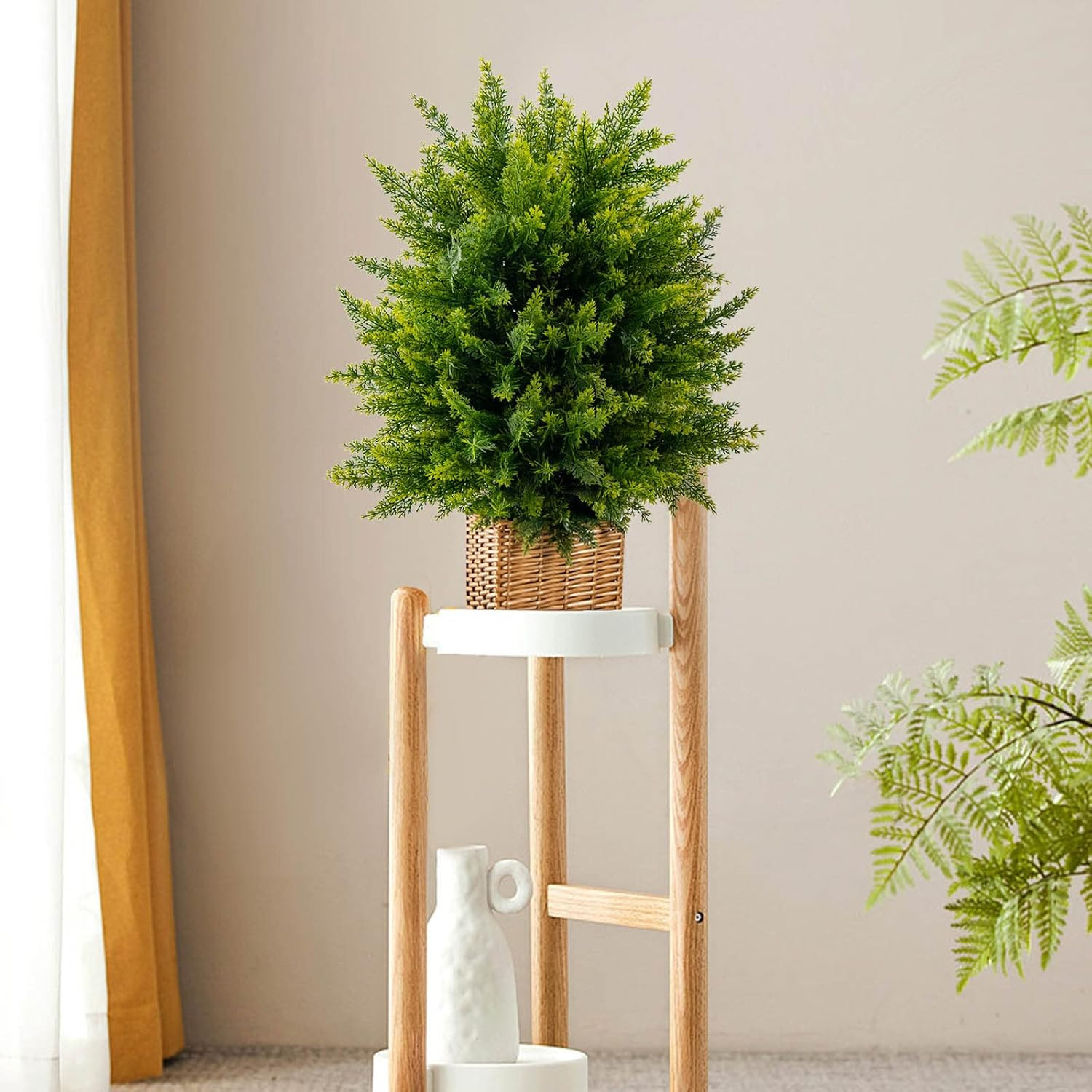 Set of 2 Faux Cedar Topiary Ball Trees in Cement Pots for Home Decor