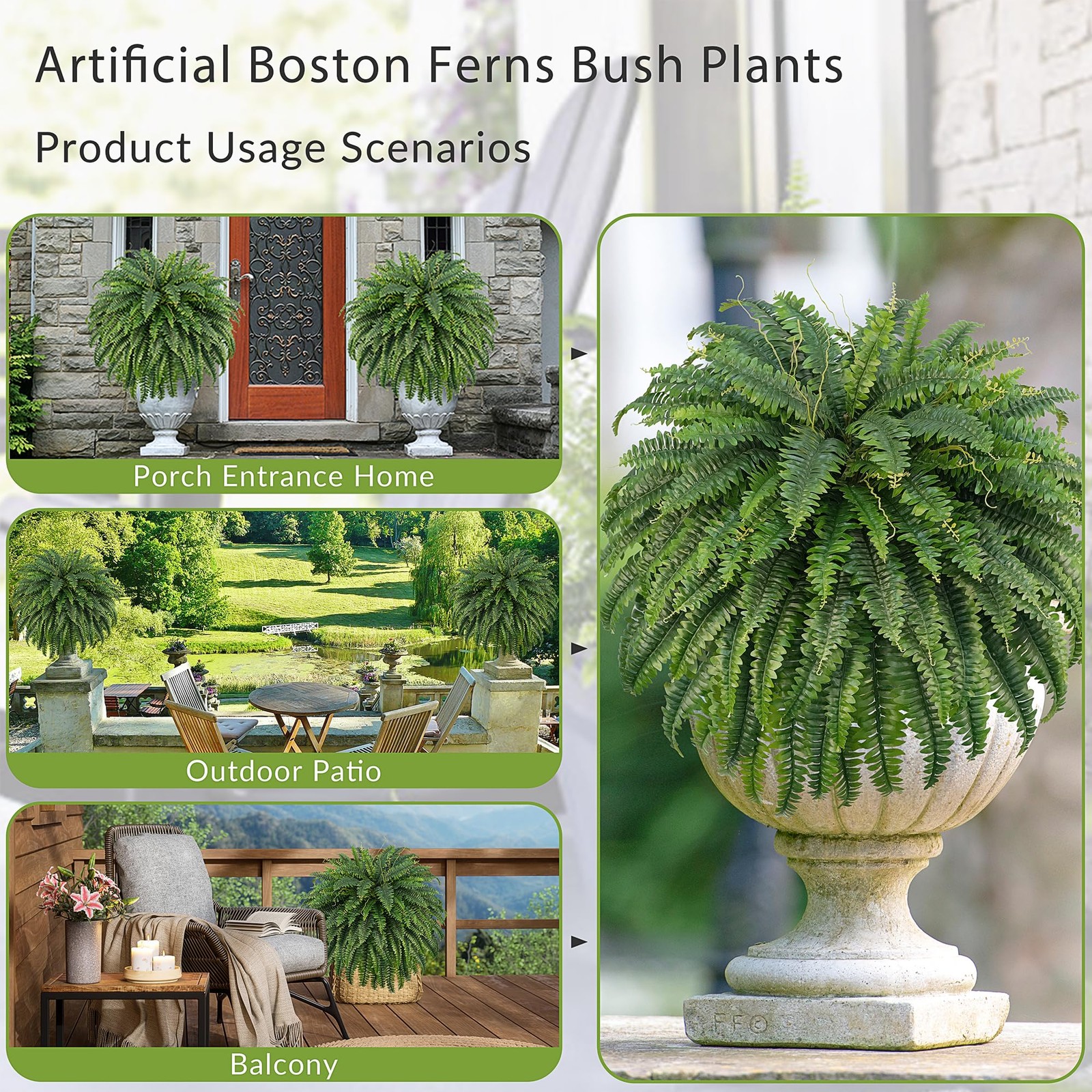 50″ Artificial Boston Ferns, Fake Bush Plants, Large Faux Ferns with 96 Fronds