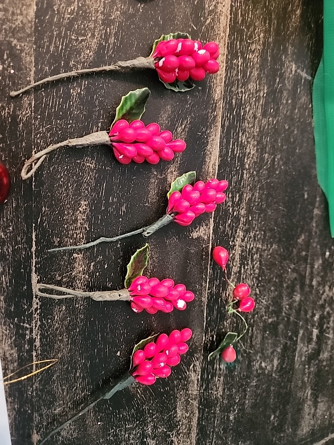 Vintage Asian Lacquered Red Berry Clusters Hand Wired Wrapped on Mini Stakes 5