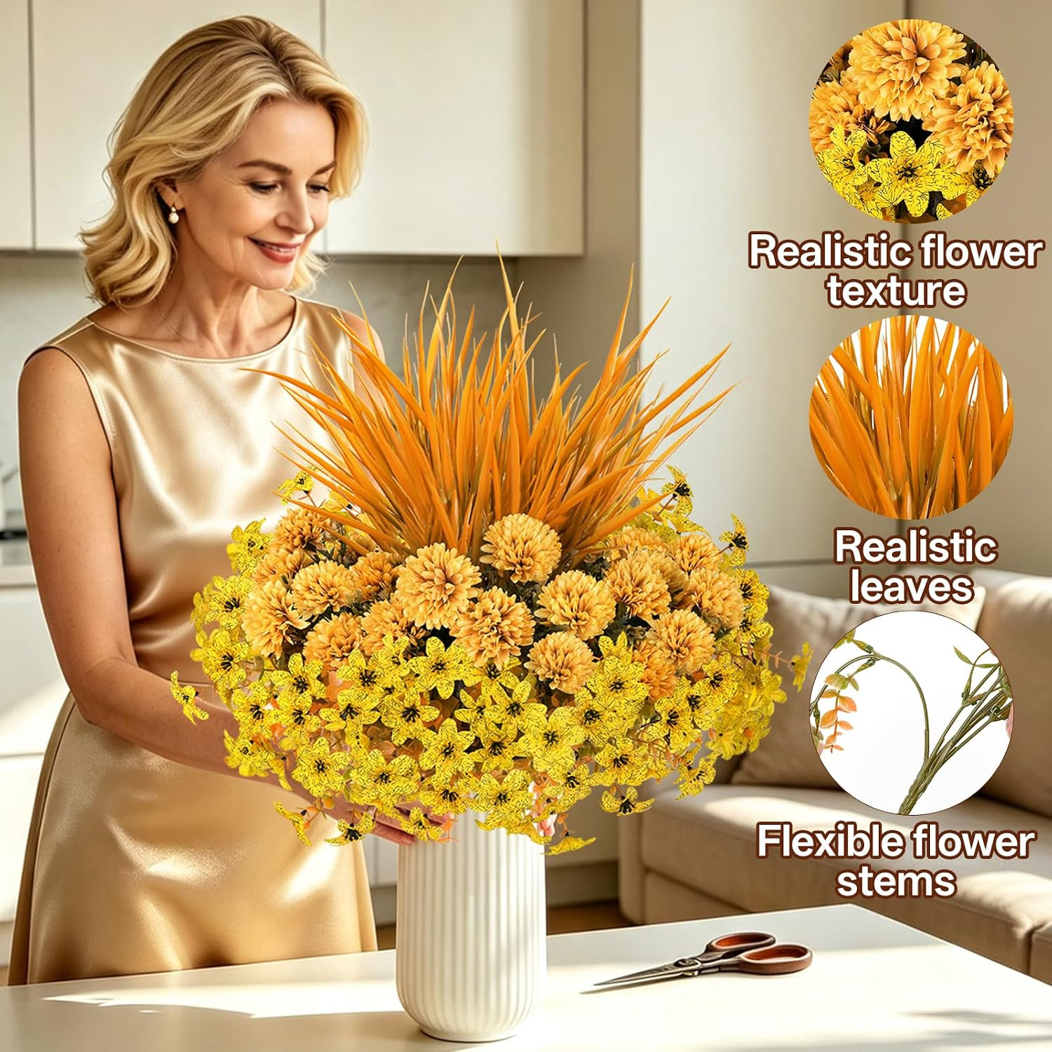 8 Bundles Yellow Faux Mums Flowers for Outdoor Planters and Gardens
