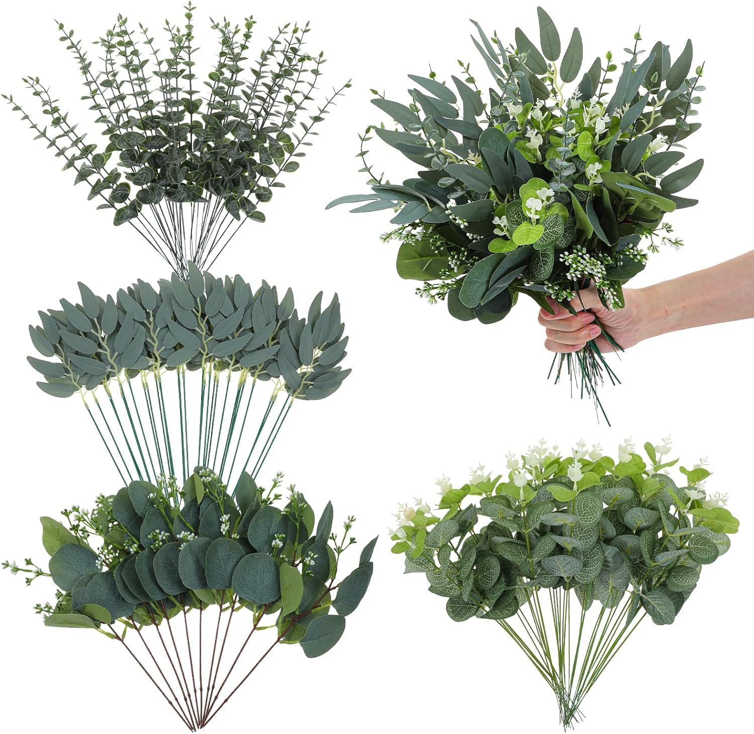 100 Pcs Mixed Eucalyptus Stems Bulk, 4 Style Artificial Silver Dollar Eucalyptus