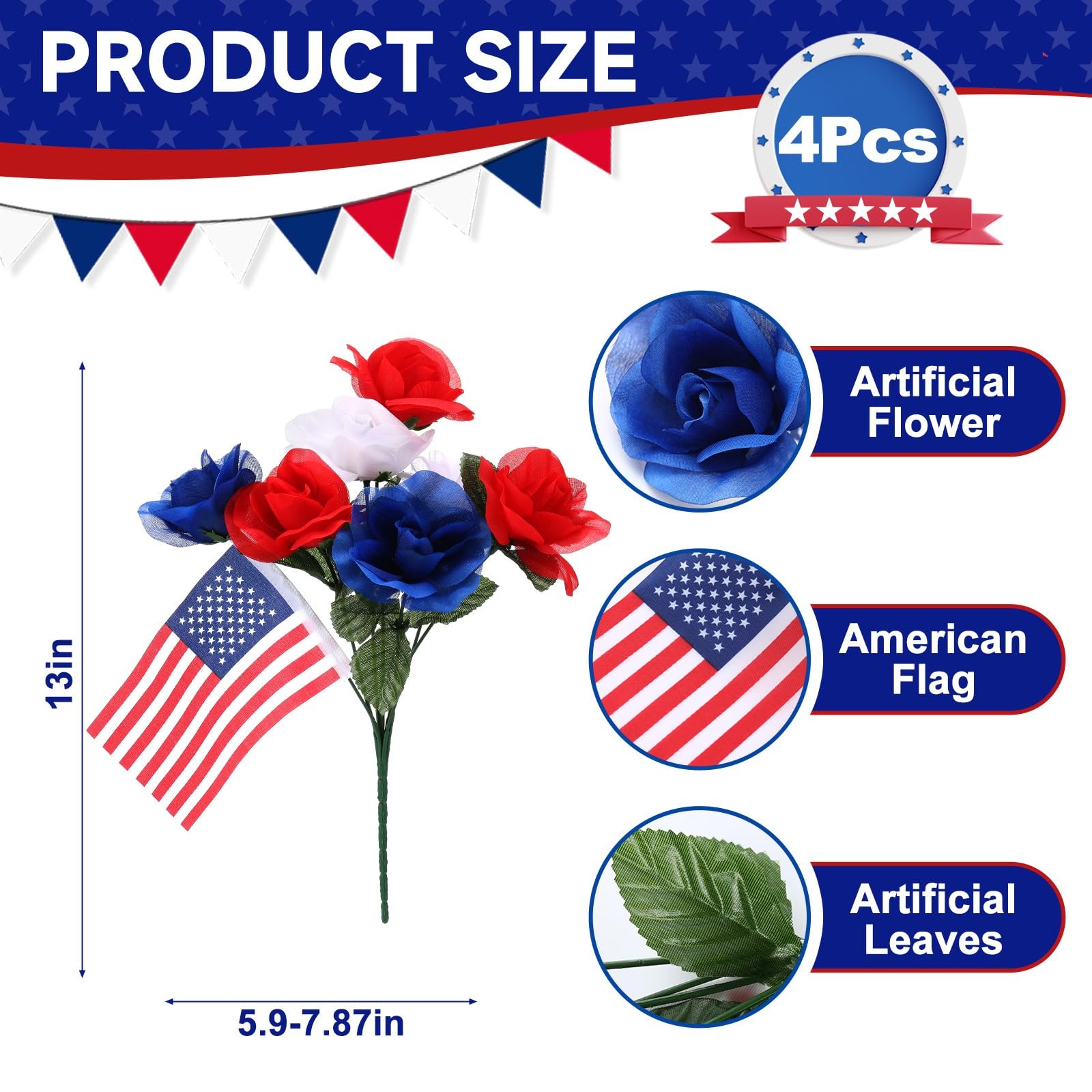 4 Pack Artificial Flowers for Cemetery 4th of July Red White Blue Flowers wit…
