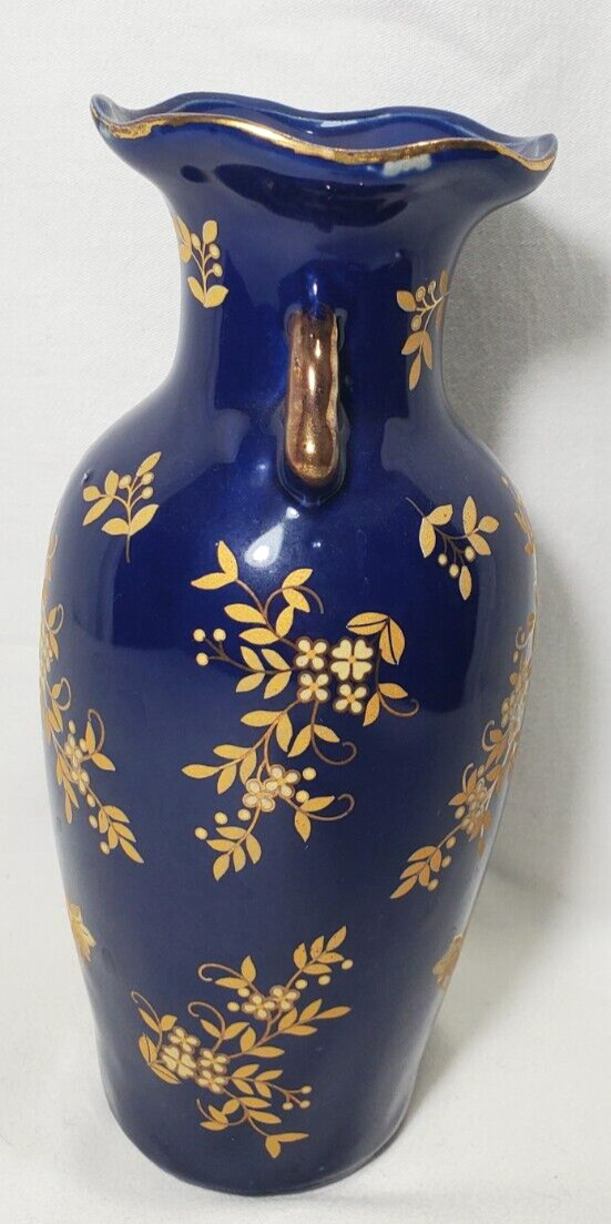 Hand-painted Dark Blue With Gold Floral Porcelain Vase Double Handle