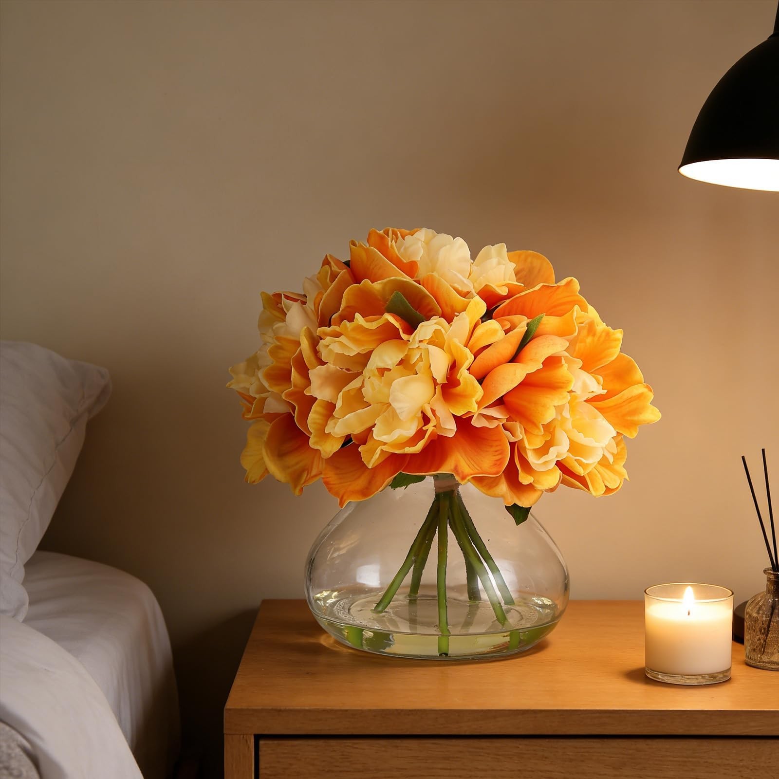 Orange Peony Bouquet in Glass Vase 6 Piece Artificial Flower Arrangement wit…