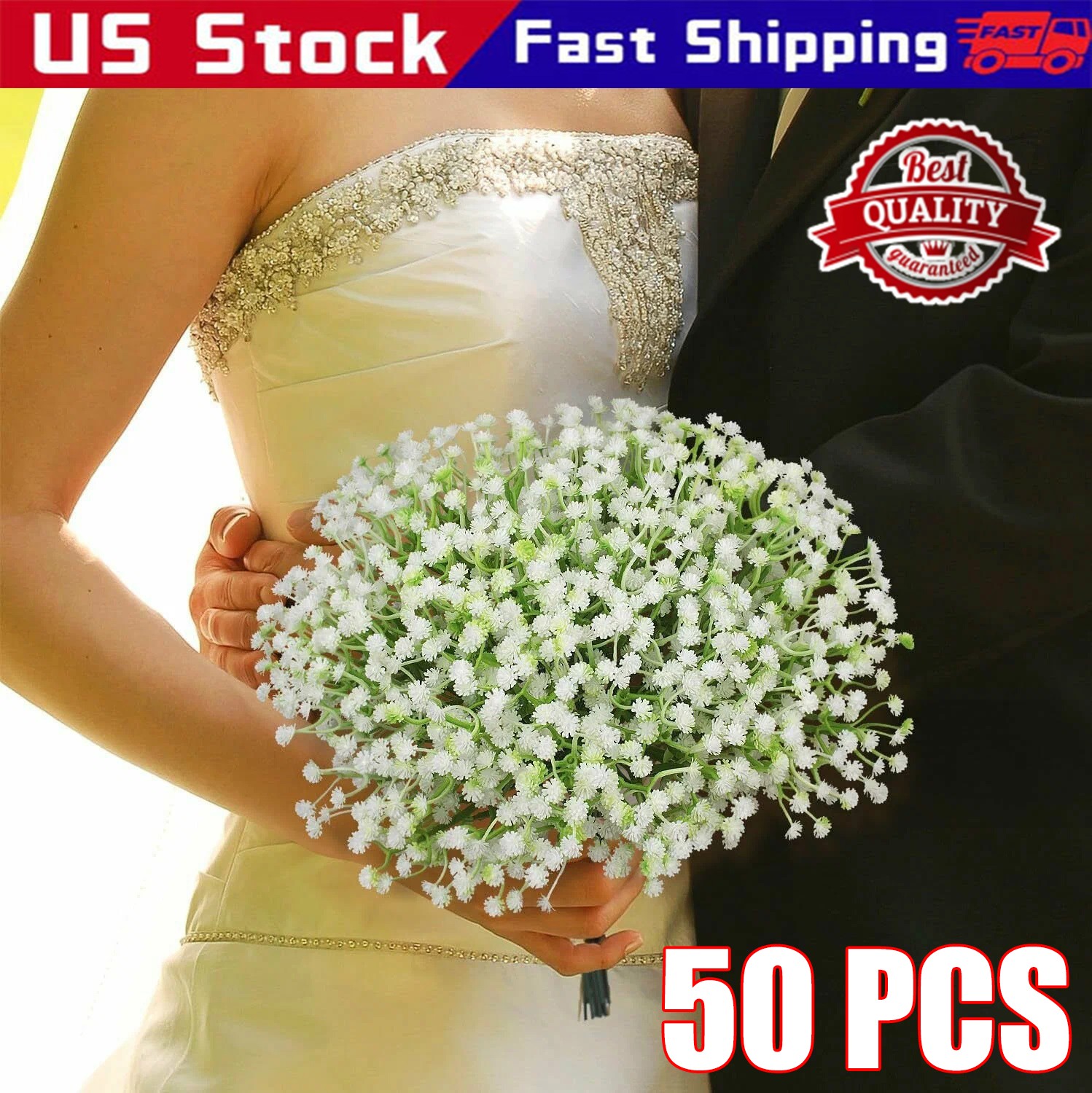 50pcs Babys Breath Artificial Flowers, Real Touch White Gypsophila Bouquet,Party