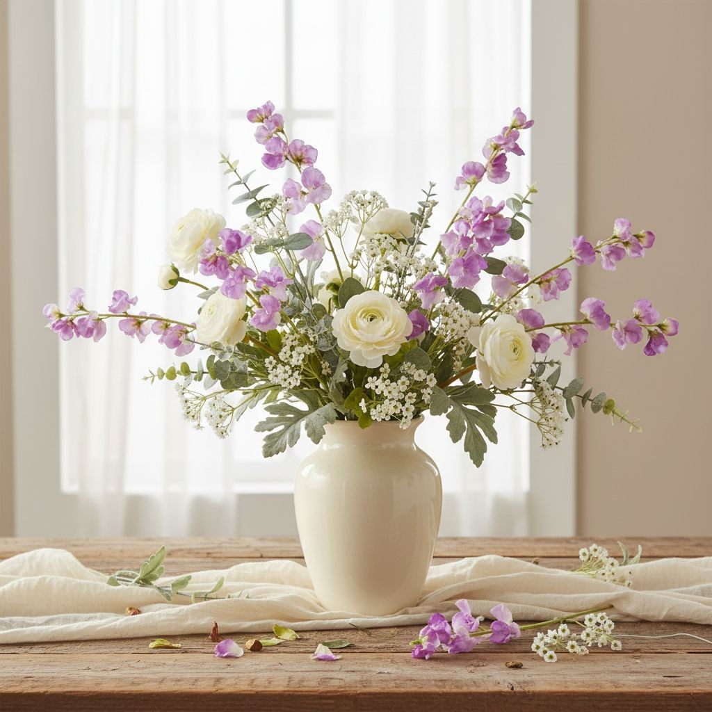 Purple Sweet Pea Flower Stems Faux Floral Spray Cottagecore Wedding Decor Rustic
