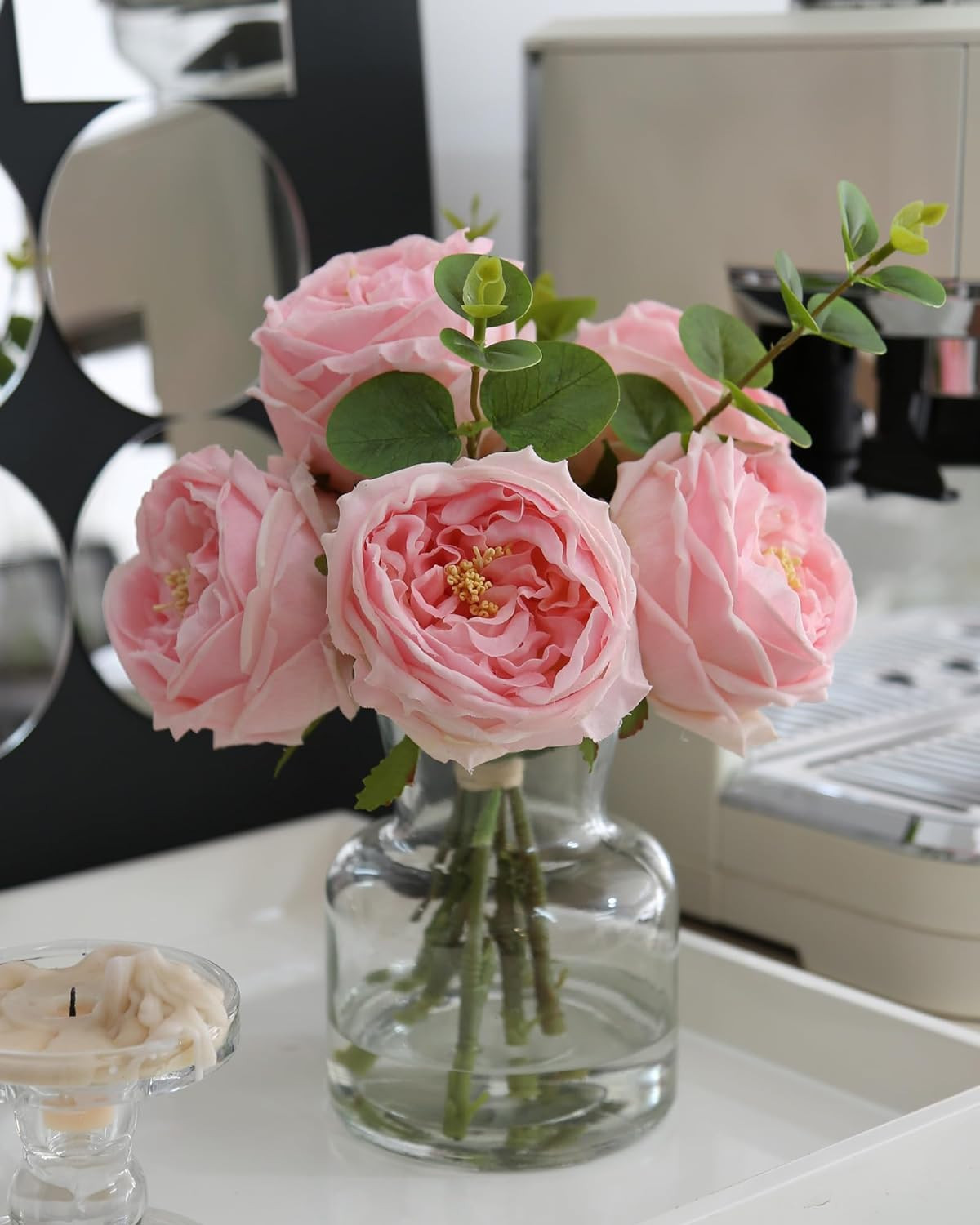 Artificial Flowers with White Roses in Vase, Fix Lifelike Fake Flowers in Vase w