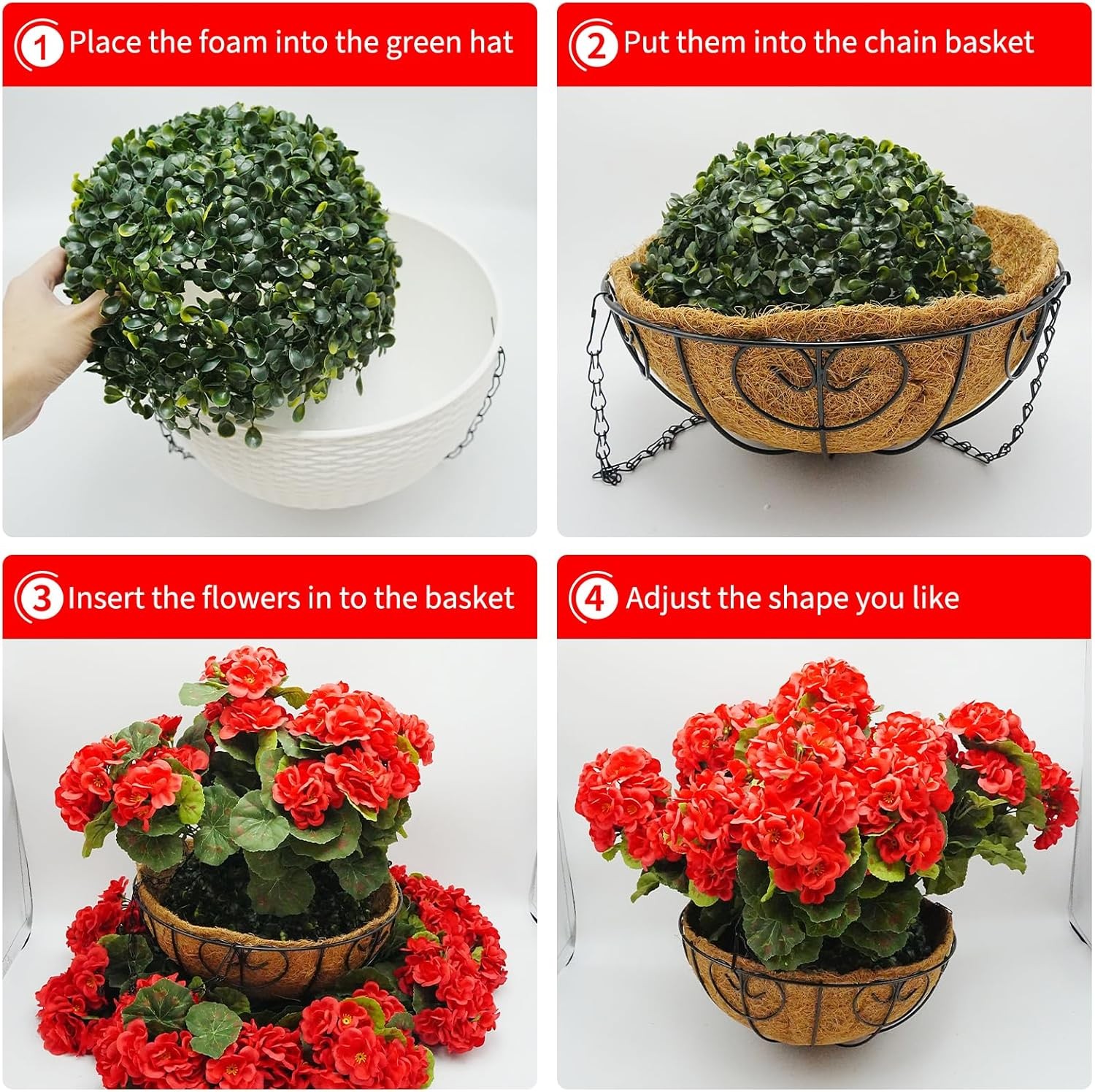 2 x Red Artificial Geranium Hanging Basket,Outdoor Christmas Porch Garden Decor