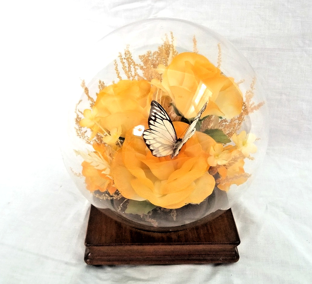 Butterfly & Yellow Rose Faux Flowers In Glass Dome Curio Display Globe 9″