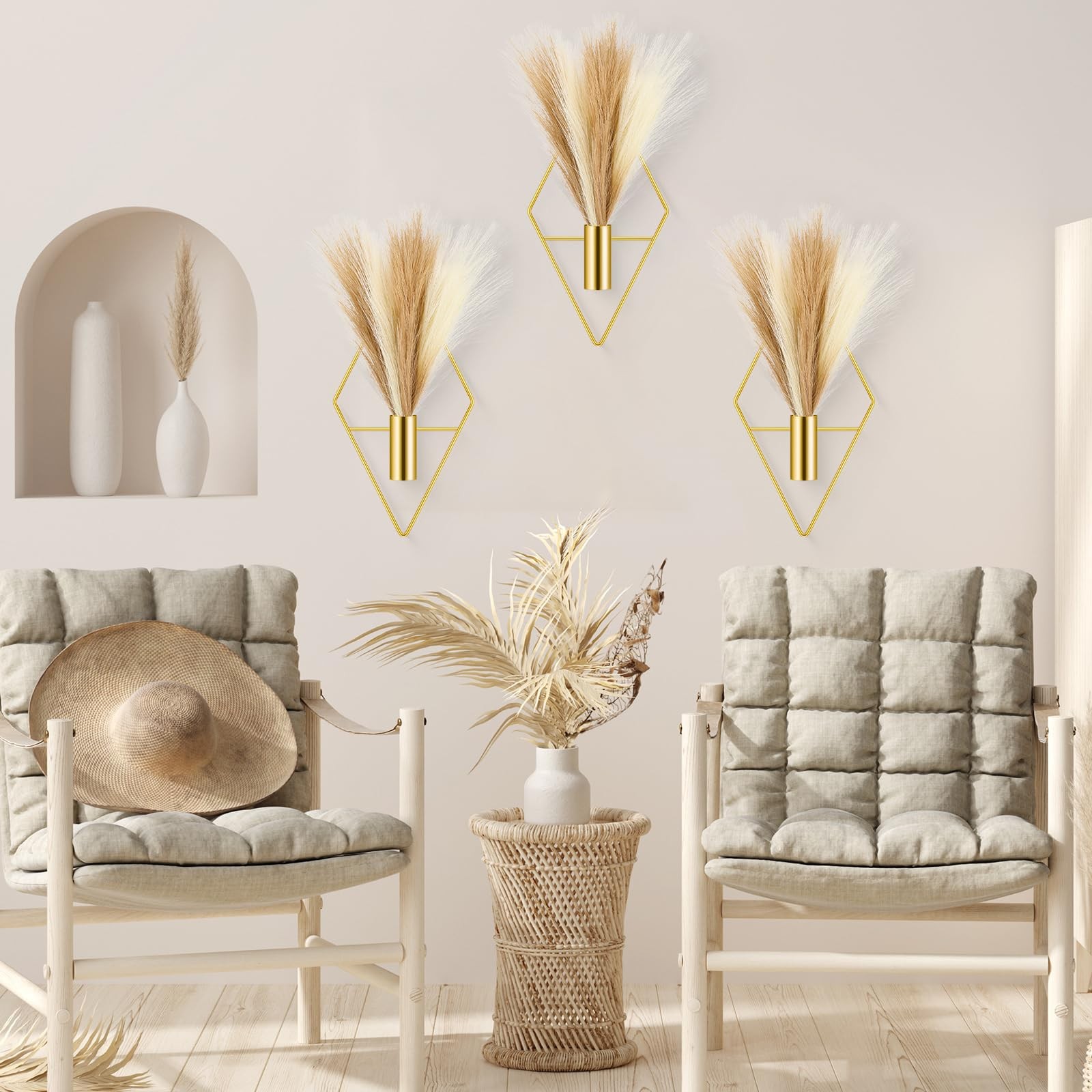 4 Sets Boho Gold Wall Decor Metal Wall Art Hanging Planters with Artificial P…
