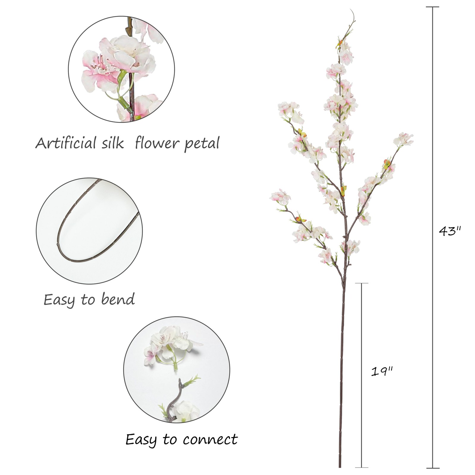 Artificial Cherry Blossom Flowers (4pcs, Light Pink), Real Touch Silk Bouquet…