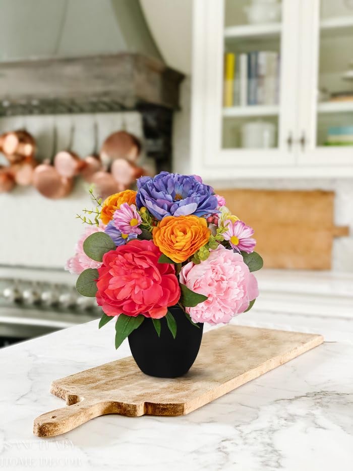 Artificial Peonies Flower in Modern Black Pot, Farmhouse Table Floral Arrange…