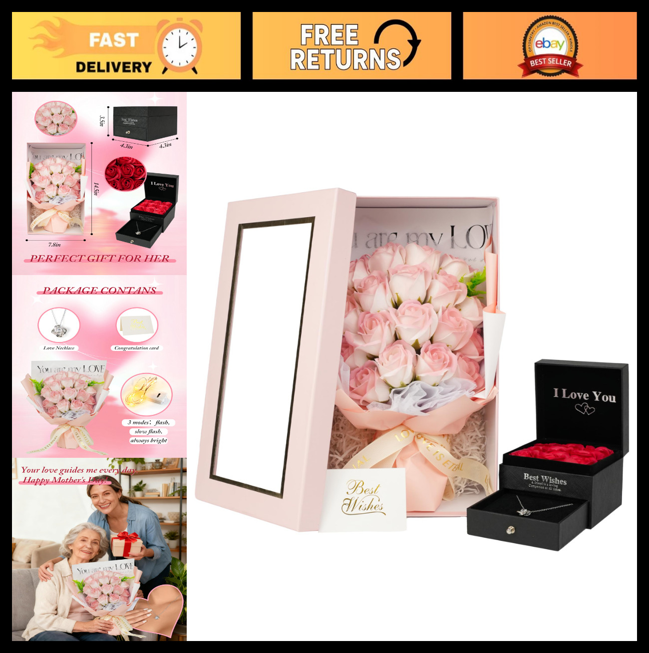 Artificial Roses Bouquet – 18 Preserved Flowers with Necklace – Unique Gift for