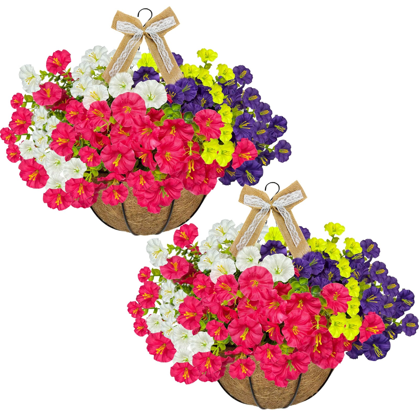 2-Pack Artificial Hanging Flower Baskets with Morning Glory & Linen Bows, Fak…