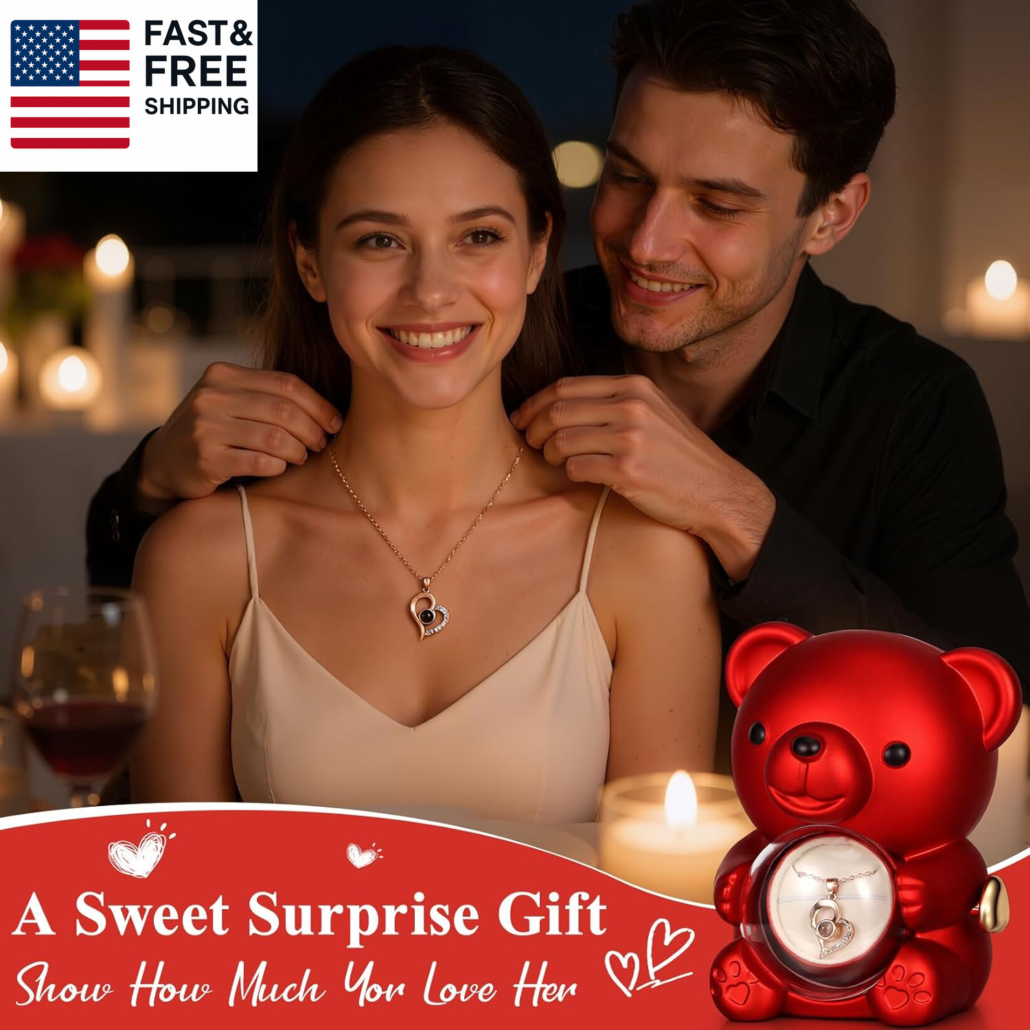 Cute Teddy Bear with Preserved Rose, Hidden Surprise Necklace Rotating Gift Box