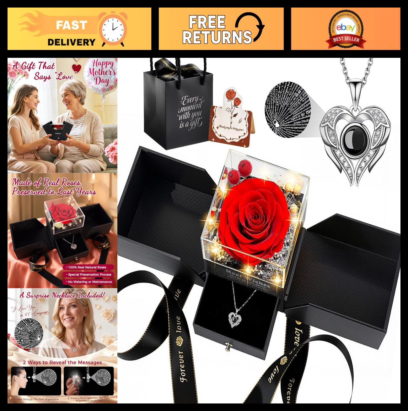 Real Red Rose Gift Box with Heart Necklace – ‘I Love You’ in 100 Languages, Perf
