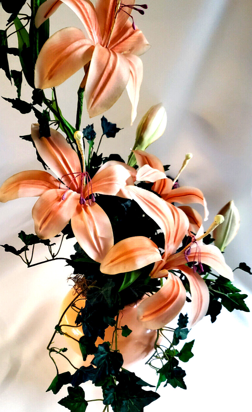 Peach Lillies & Ivy Silk Floral Centerpiece in Matching ceramic Vase