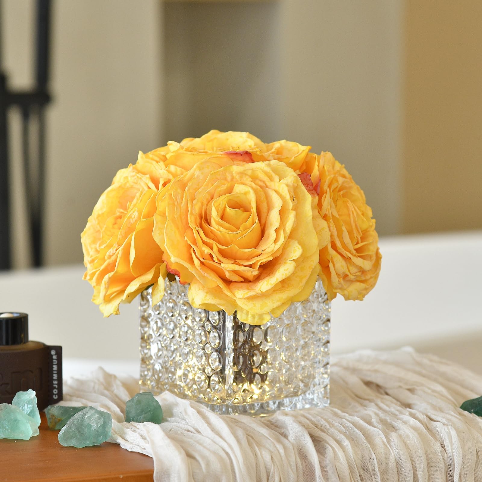 Artificial Rose in Glass Vase Vintage Silk Flower Arrangement with Light for …