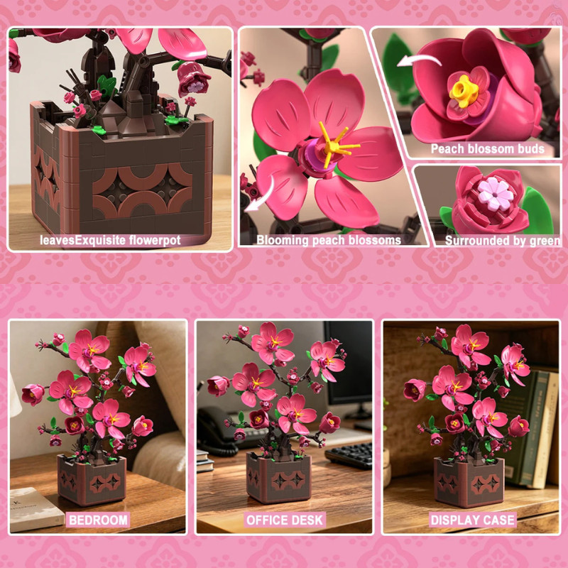 Pink Peach Blossom Potted Plant Building Block Set Diy Flower Model Decoration