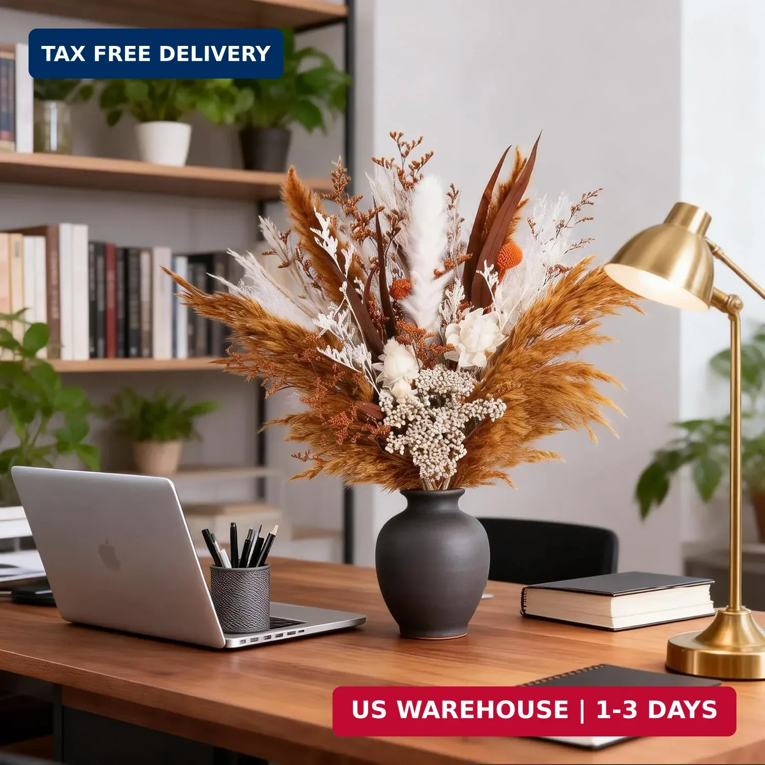 17″ Boho Dried Flower Bouquet – Natural Pampas Grass & Real Flowers for Spring H