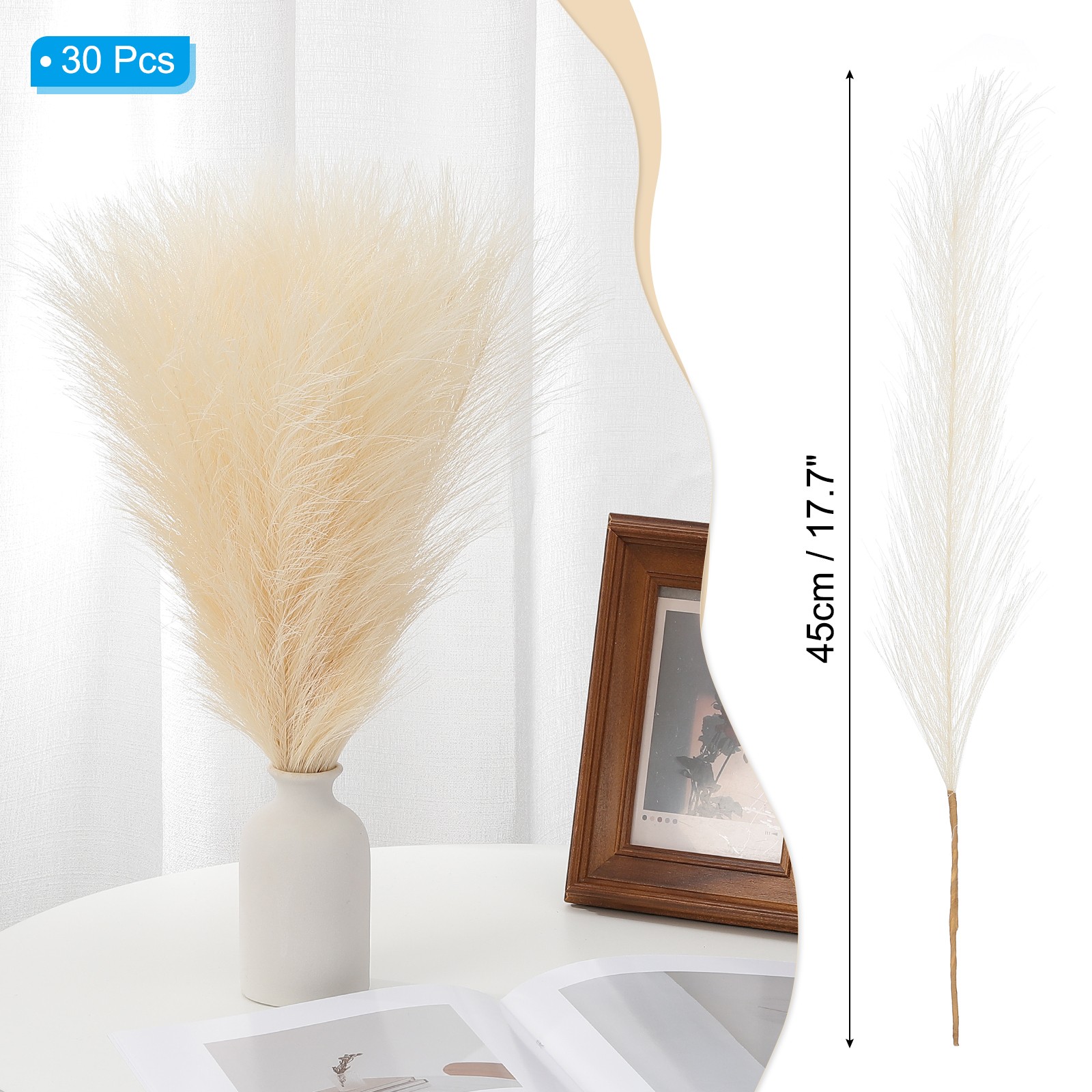 17.7in Pampas Grass Decor 30pcs Bulk Fluffy Faux Small Dried Pampas Grass Beige