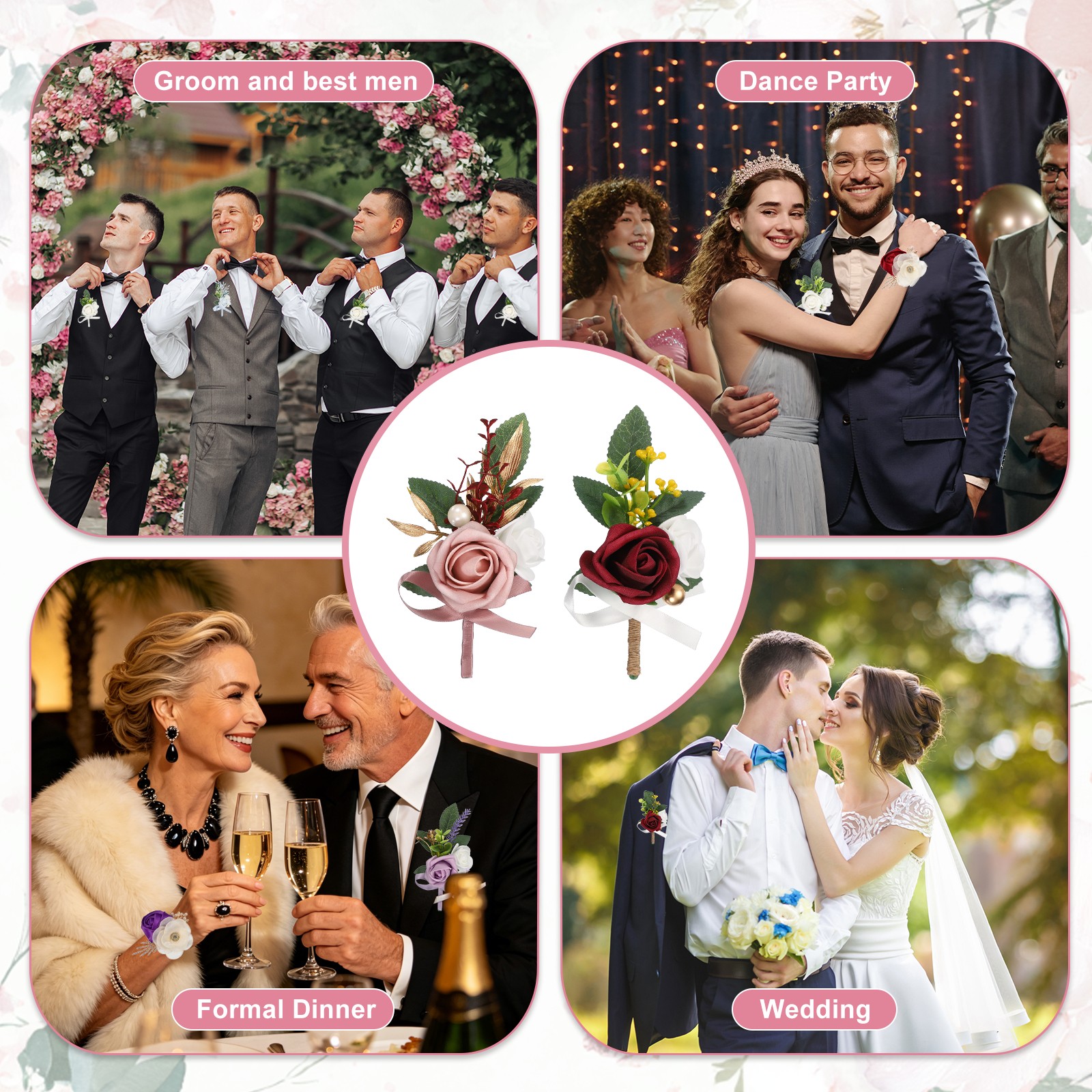 Mens Boutonnieres for Weddings, 6 Pcs Rose Boutonnieres, Burgundy/Gray Pink