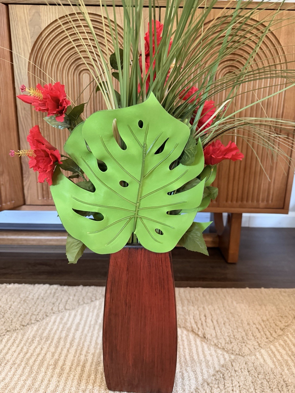 Large Tropical Silk Floral Arrangement Red Hibiscus Monstera Leaves Wood Vase