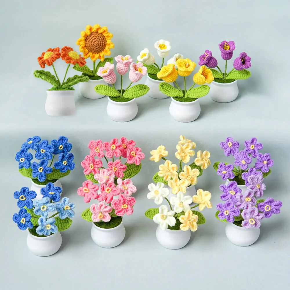 Knitting Crochet Flowers Bouquet Simulation Potted Hand-woven Home Table Decor
