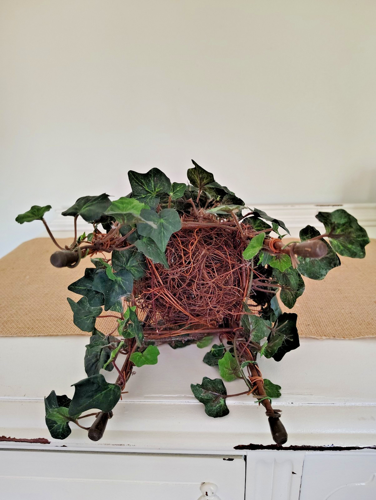 Faux Ivy Pyramid Topiary With Decorative Iron Fleur-de-Lis Finial ~ 22″ High