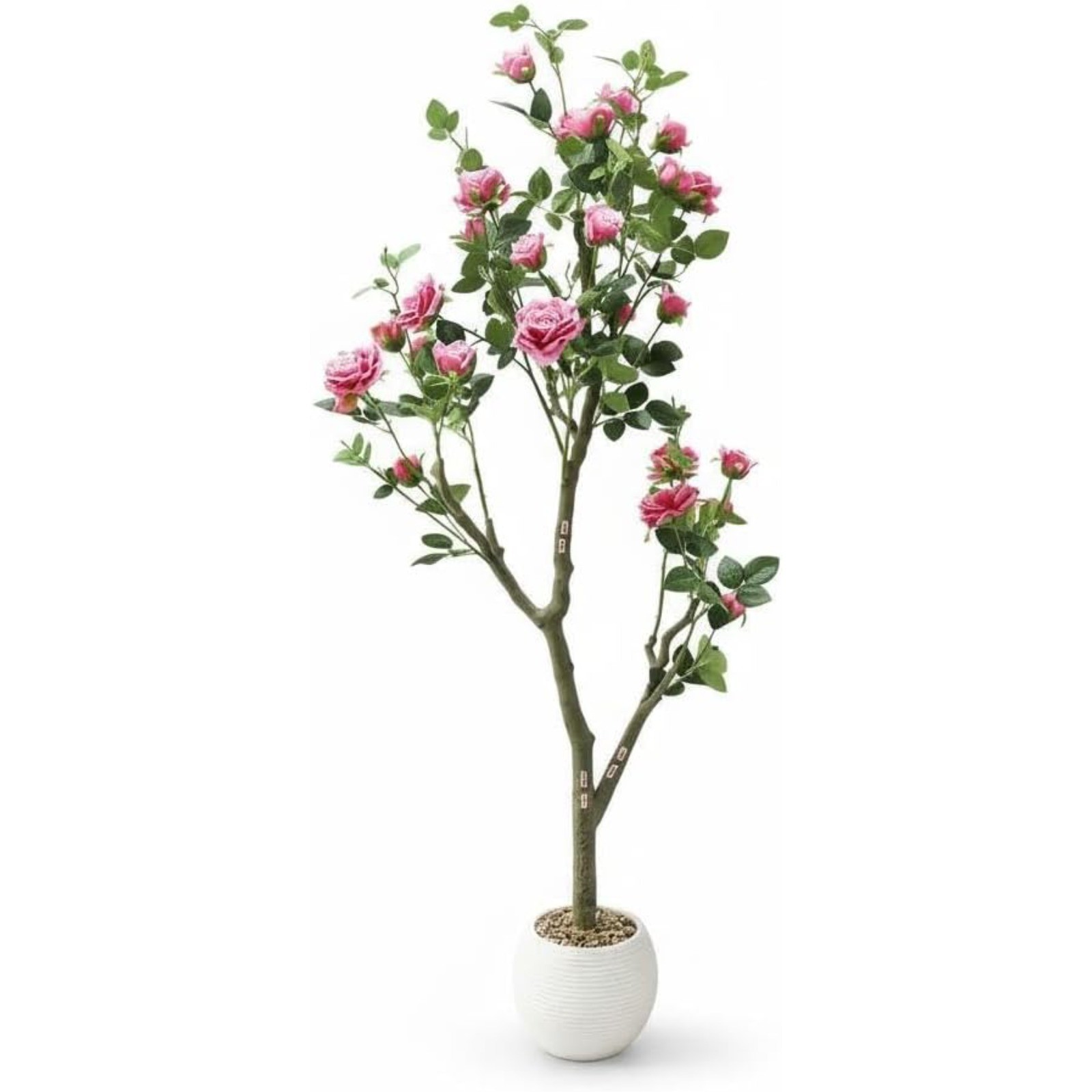 5ft Artificial Rose Tree Faux Blooming Rose Plant with White Striped Oval Pot